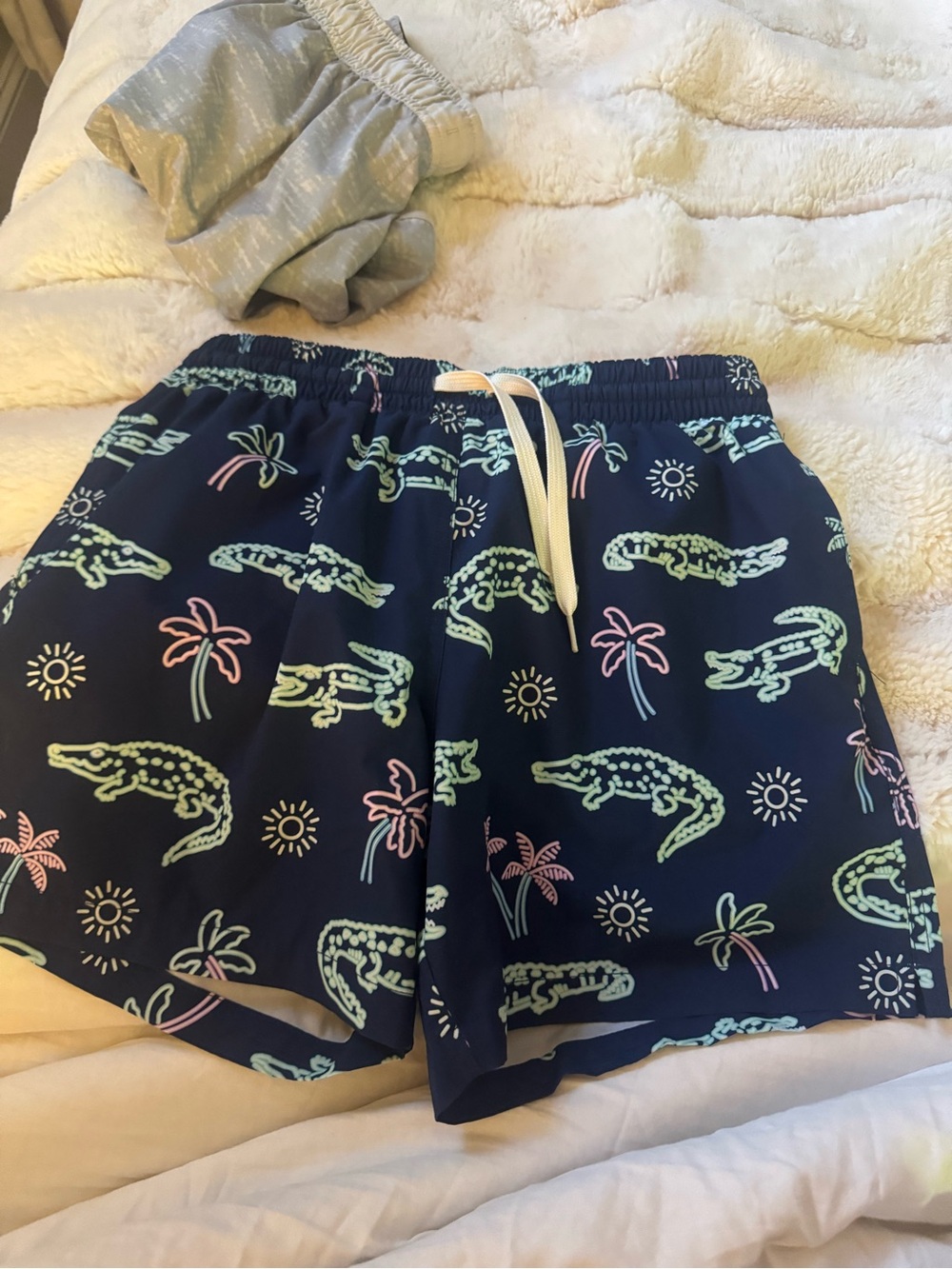 chubbies Navy Swim Trunks with Neon Alligator & Palm Print